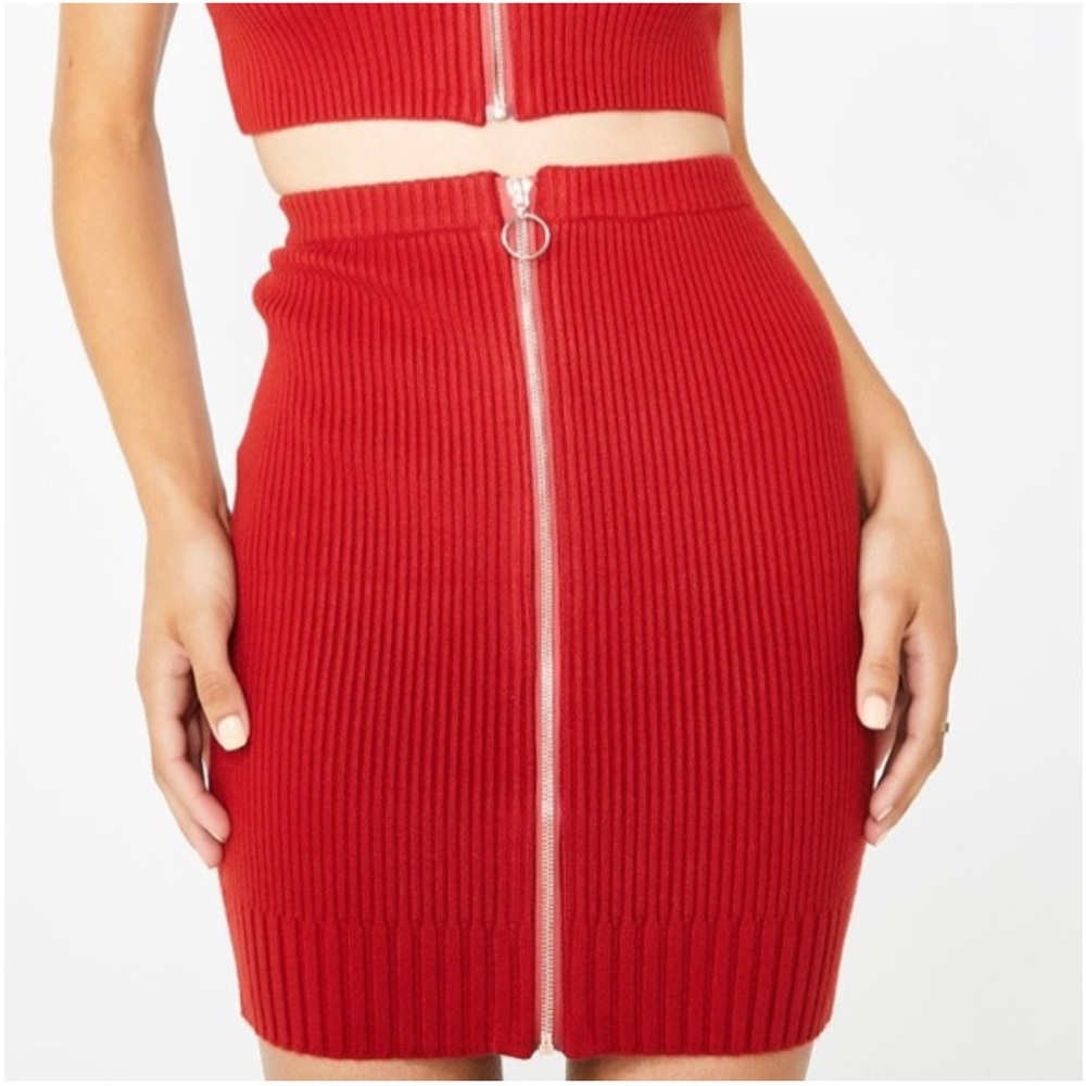 FOR LOVE & LEMONS KNITZ HARLEY RUST ORANGE RED RIBBED KNIT ZIPPER MINI SKIRT